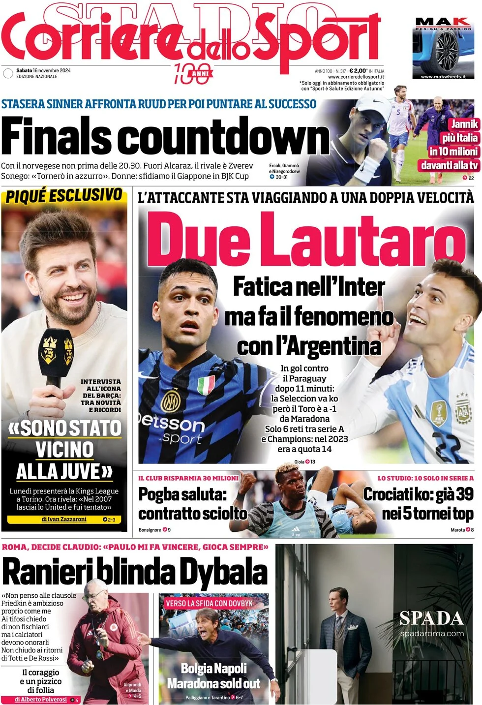 anteprima della prima pagina di corriere-dello-sport del 16/11/2024