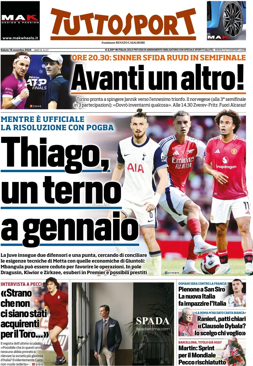 anteprima della prima pagina di tuttosport del 16/11/2024