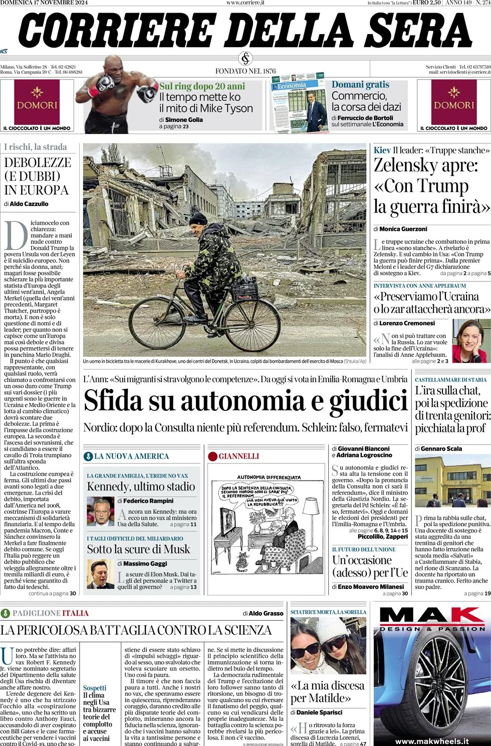 anteprima della prima pagina di corriere-della-sera del 17/11/2024