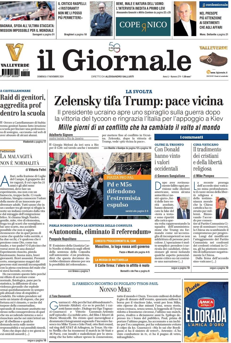 anteprima della prima pagina di il-giornale del 17/11/2024