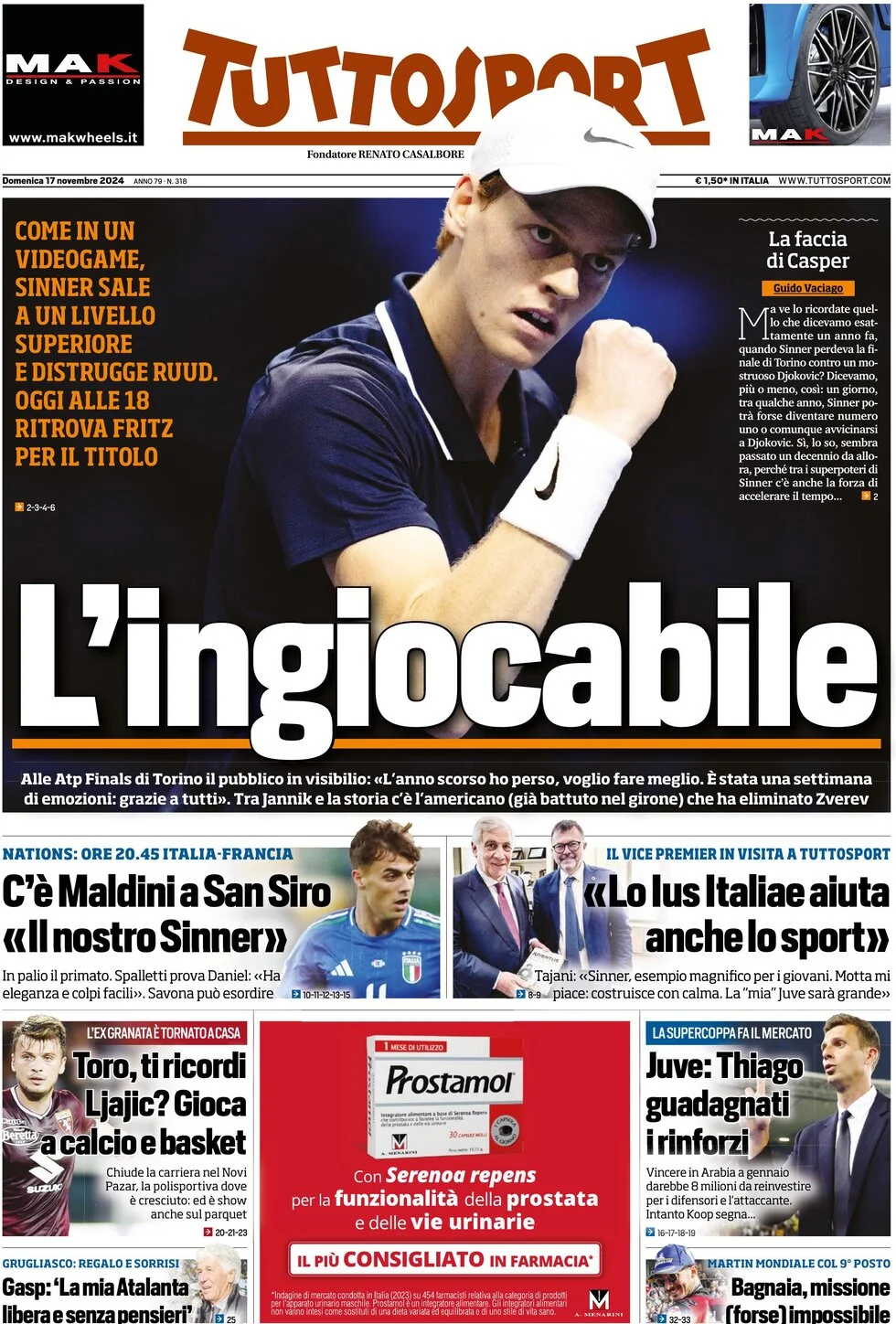 anteprima della prima pagina di tuttosport del 17/11/2024
