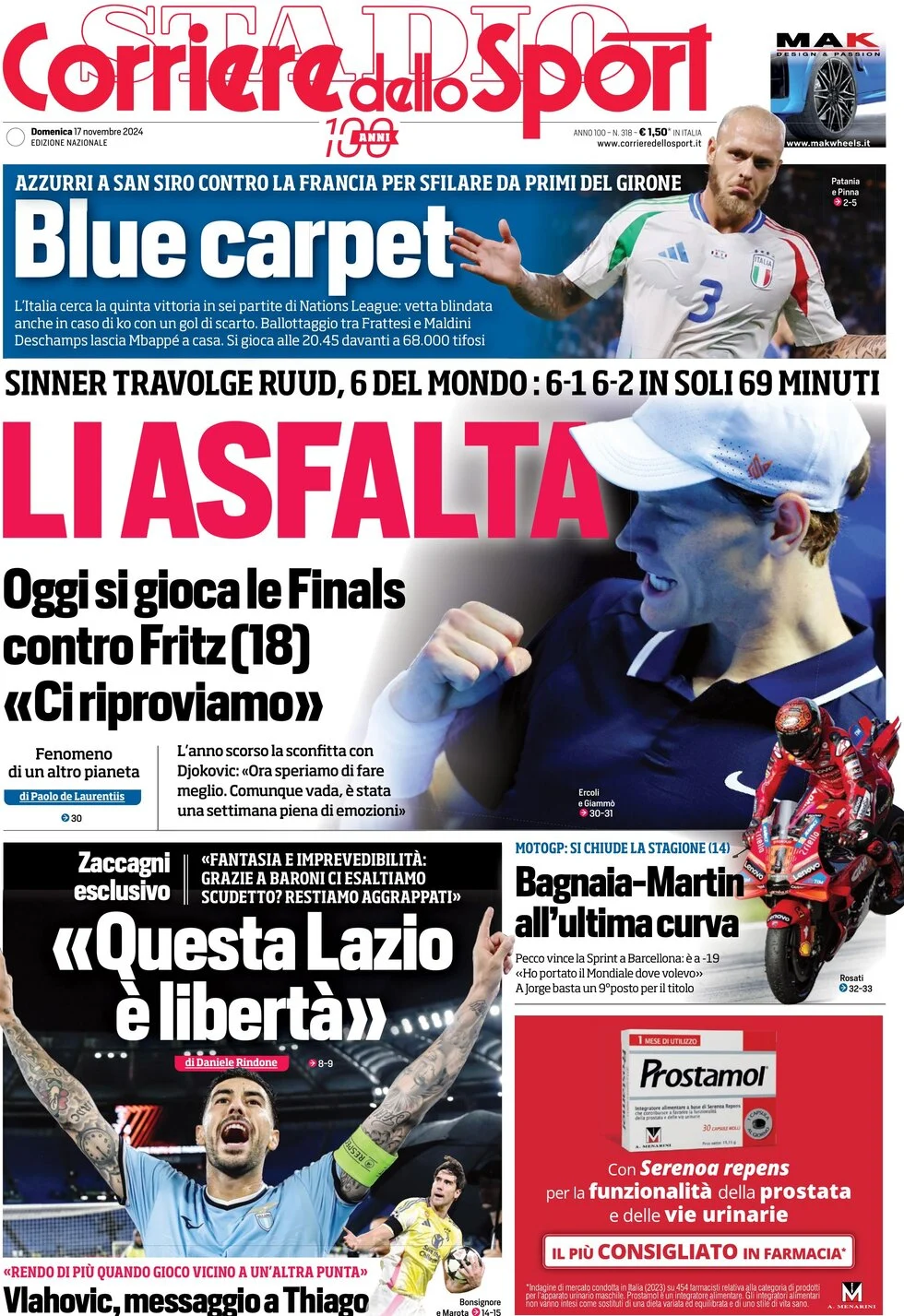 anteprima della prima pagina di corriere-dello-sport del 17/11/2024