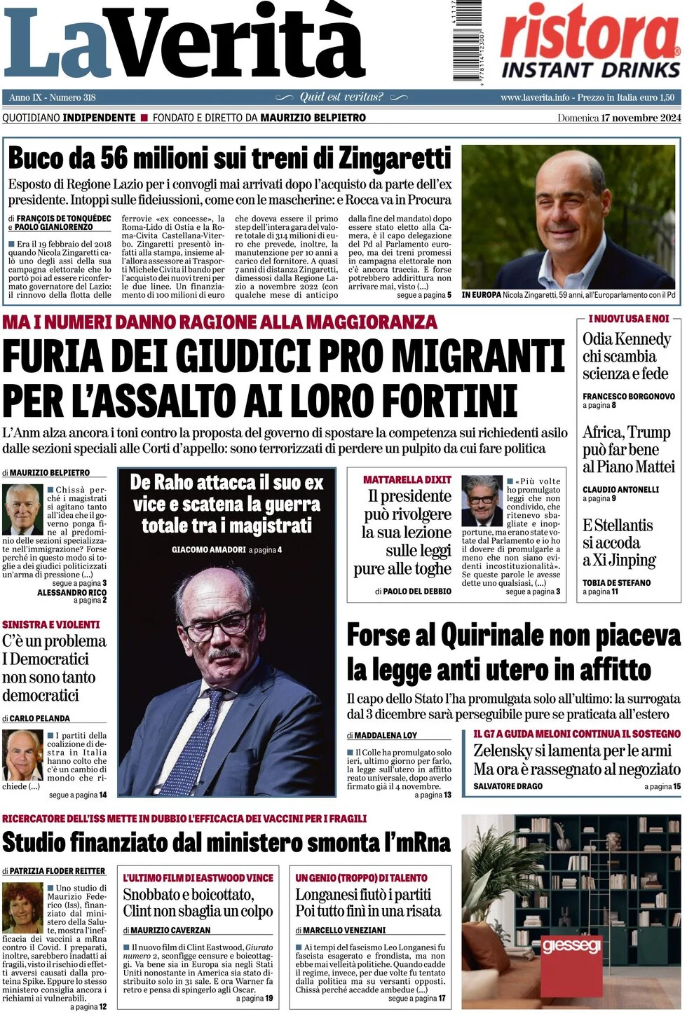 anteprima della prima pagina di la-verit del 17/11/2024