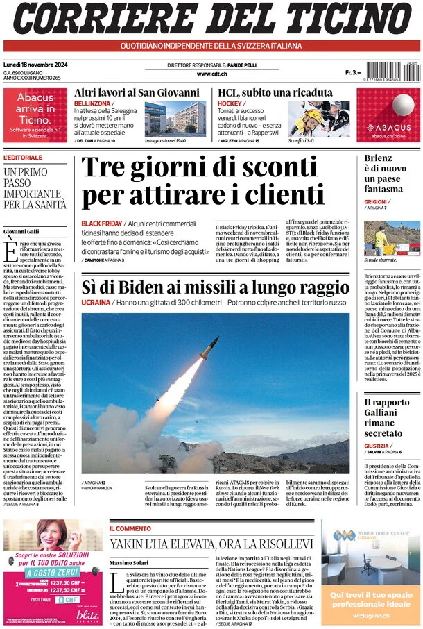 anteprima della prima pagina di corriere-del-ticino del 18/11/2024