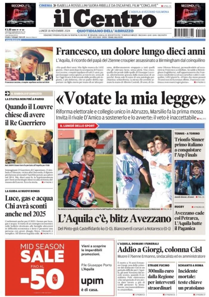 anteprima della prima pagina di il-centro-laquila del 18/11/2024