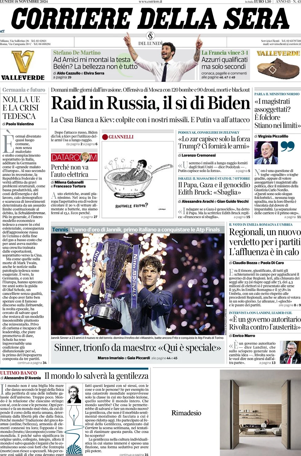 anteprima della prima pagina di corriere-della-sera del 18/11/2024