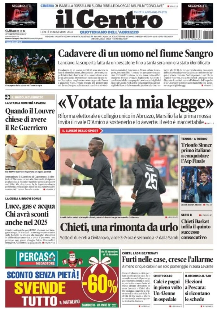 anteprima della prima pagina di il-centro-chieti del 18/11/2024
