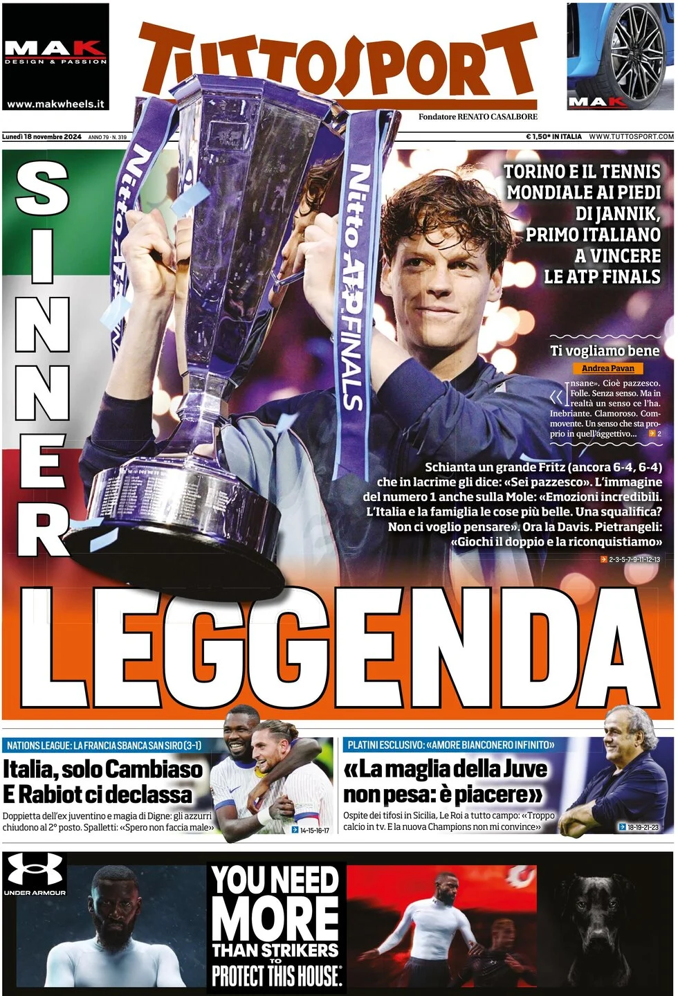 anteprima della prima pagina di tuttosport del 18/11/2024