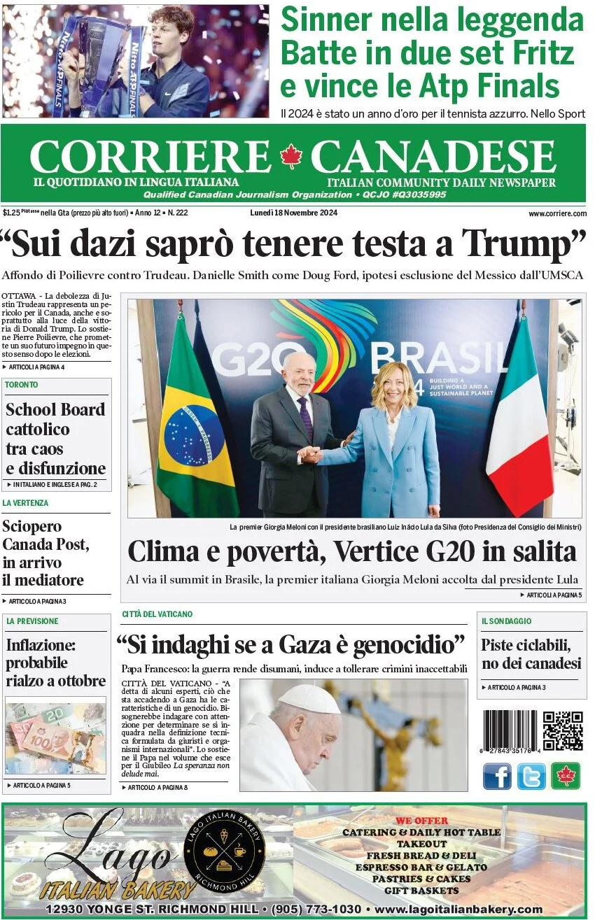anteprima della prima pagina di corriere-canadese del 18/11/2024