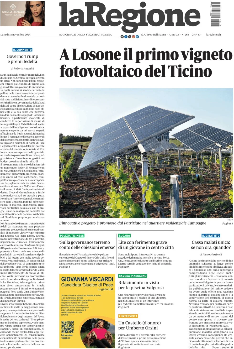 anteprima della prima pagina di la-regione del 18/11/2024