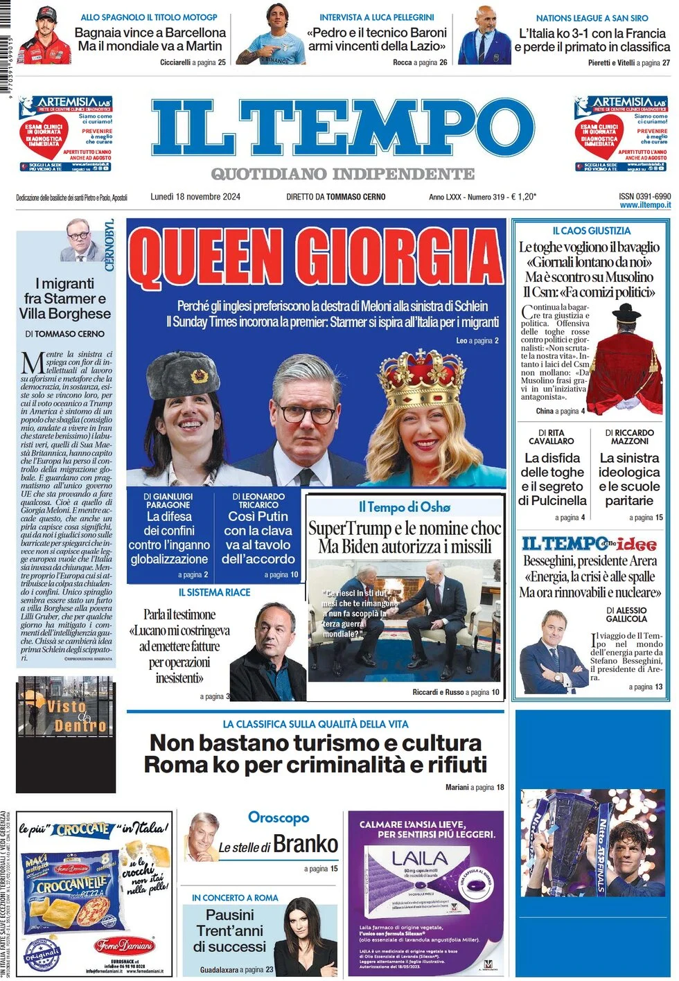 anteprima della prima pagina di il-tempo del 18/11/2024