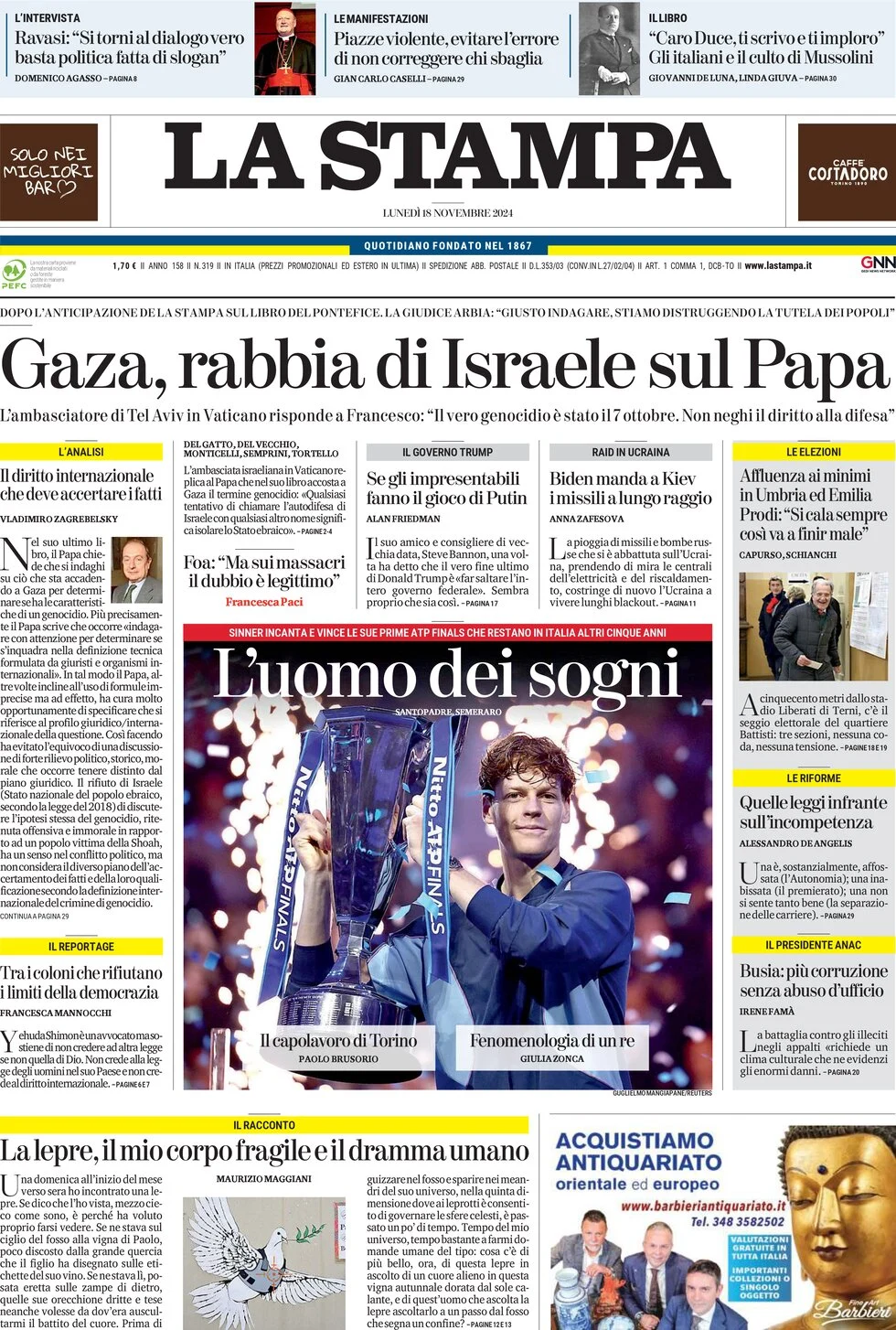 anteprima della prima pagina di la-stampa del 18/11/2024