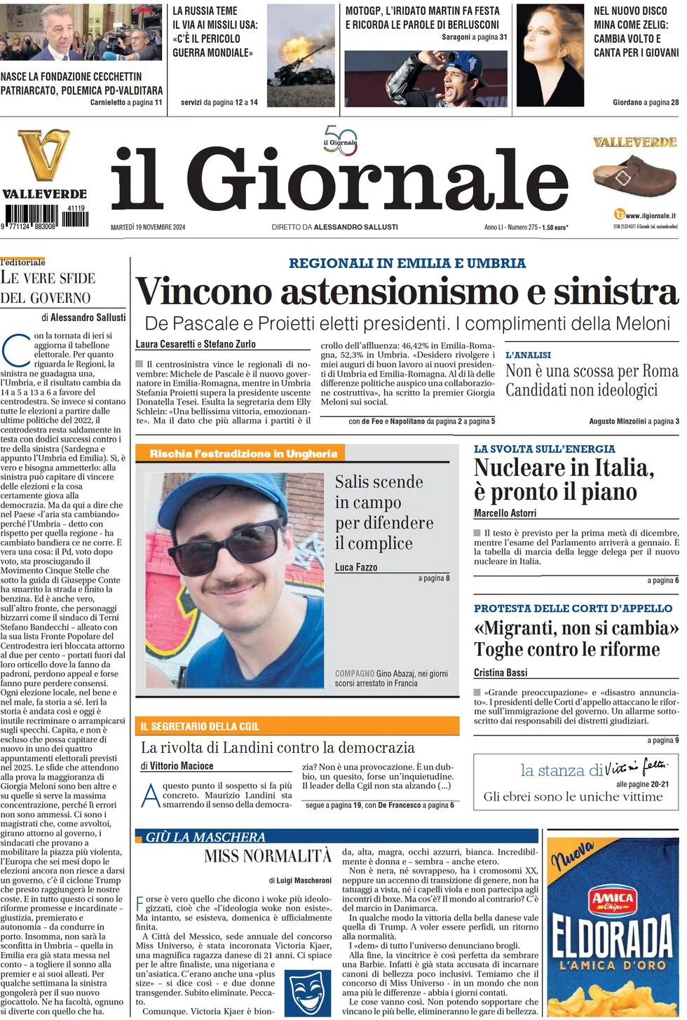 anteprima della prima pagina di il-giornale del 19/11/2024
