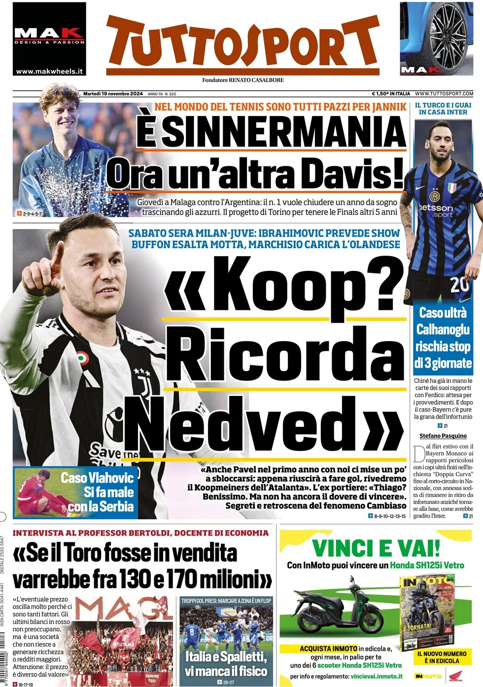 anteprima della prima pagina di tuttosport del 19/11/2024