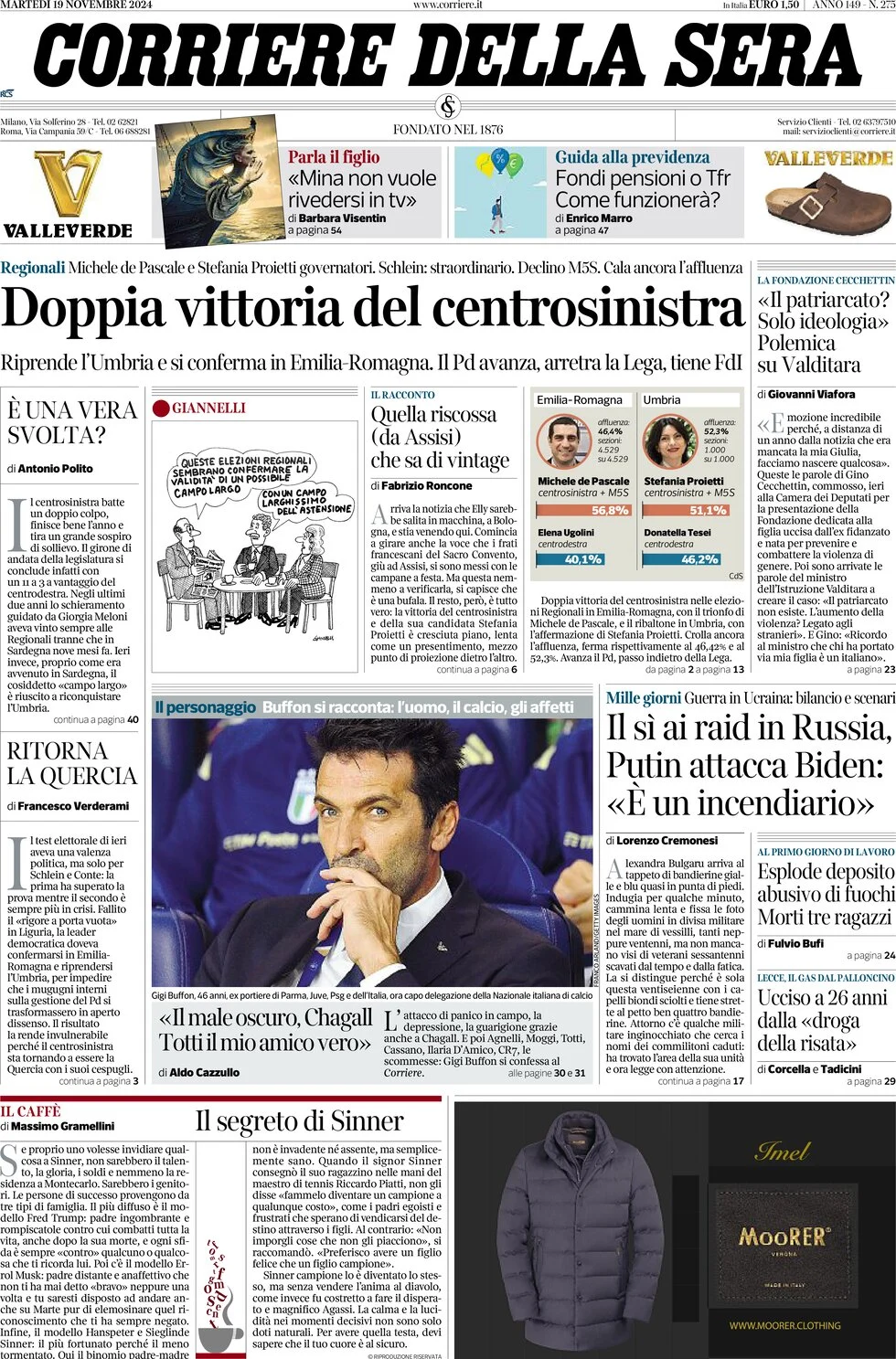 anteprima della prima pagina di corriere-della-sera del 19/11/2024