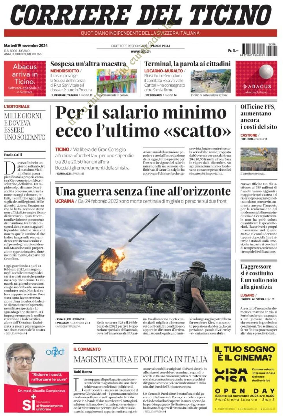 anteprima della prima pagina di corriere-del-ticino del 19/11/2024