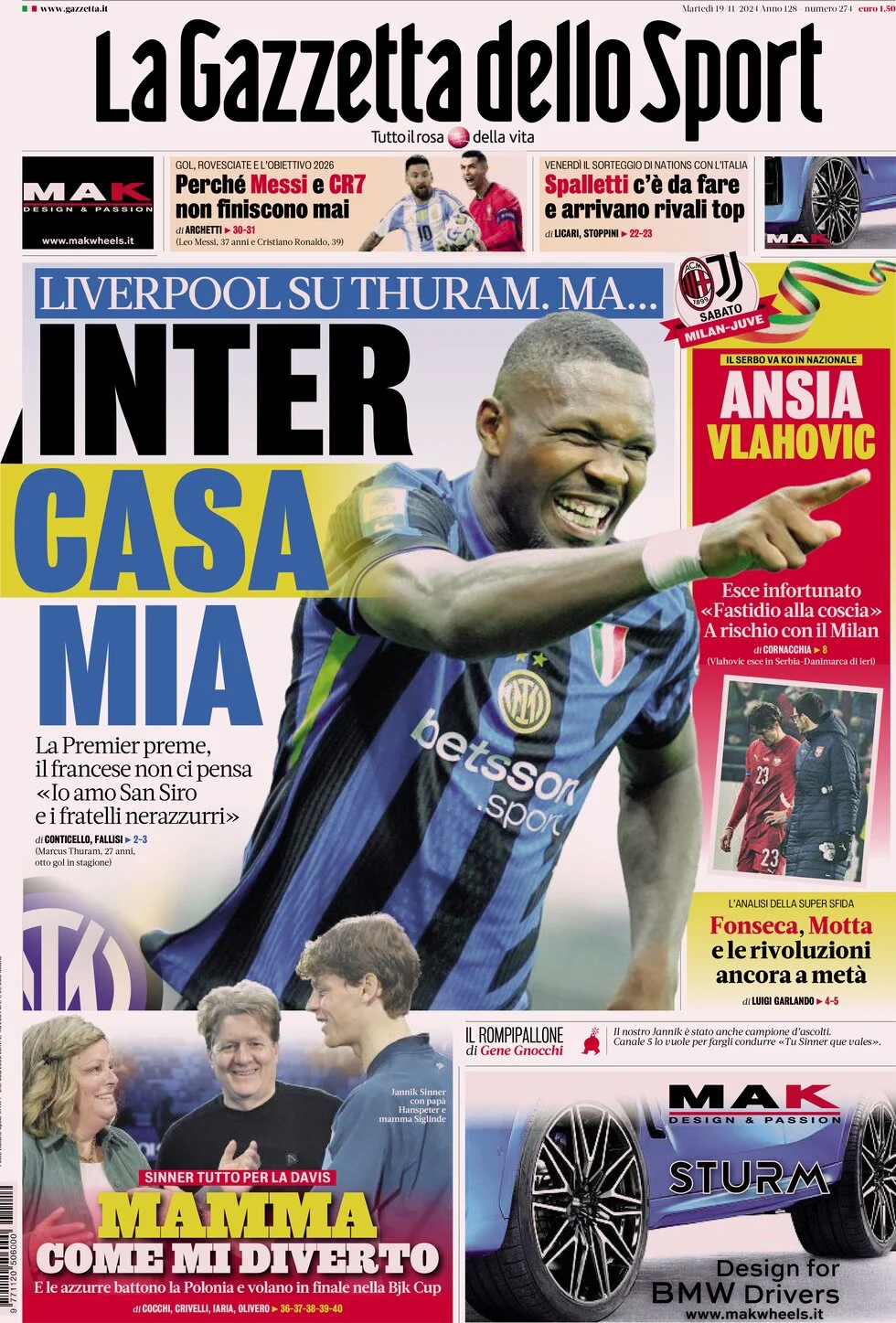 anteprima della prima pagina di la-gazzetta-dello-sport del 19/11/2024