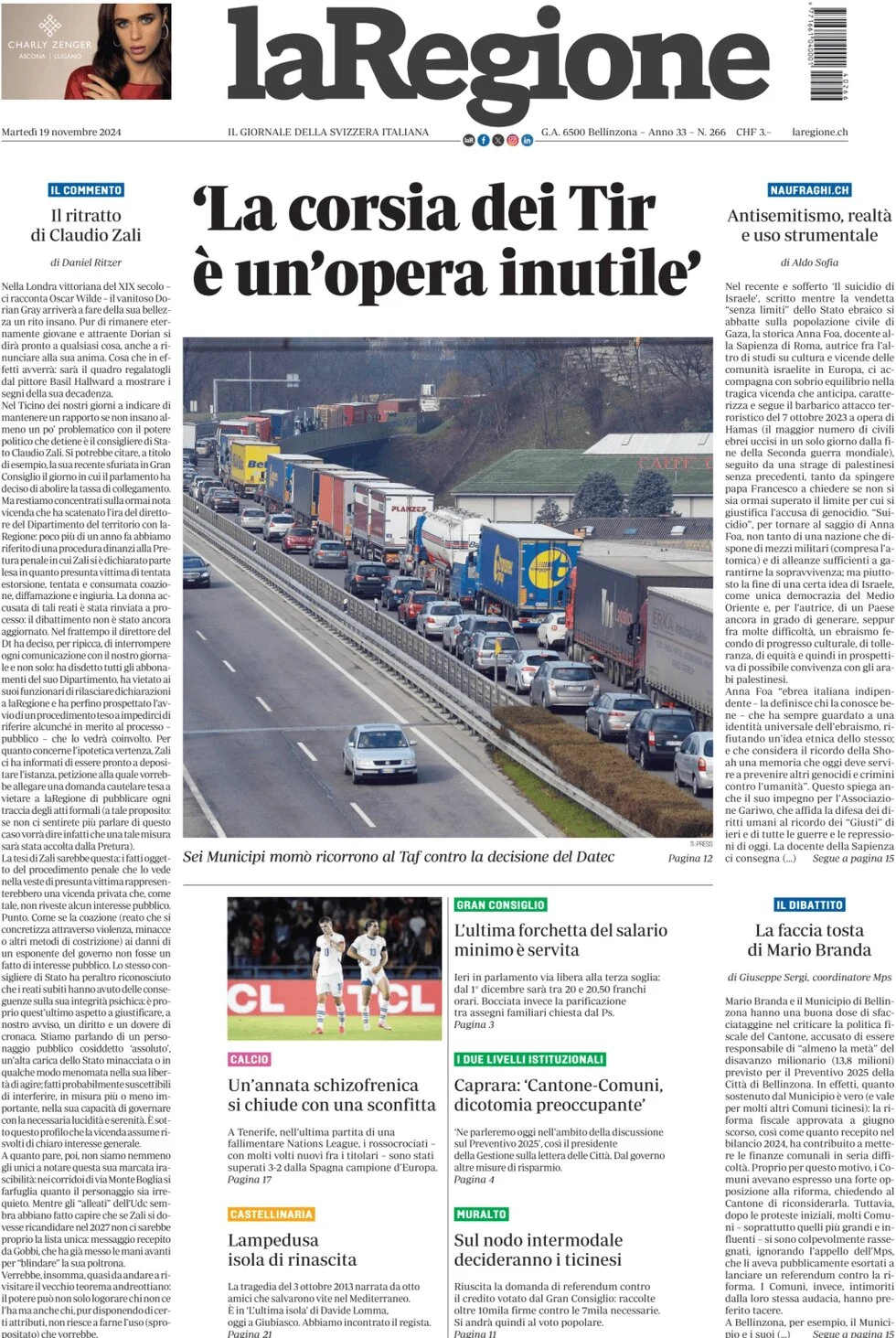 anteprima della prima pagina di la-regione del 19/11/2024