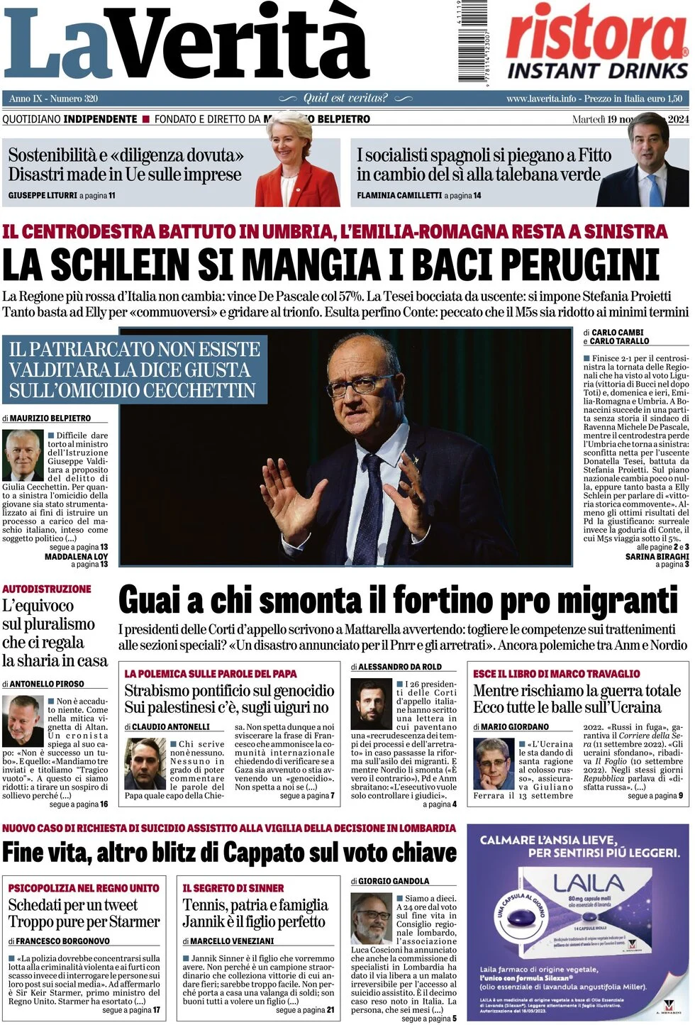 anteprima della prima pagina di la-verit del 19/11/2024