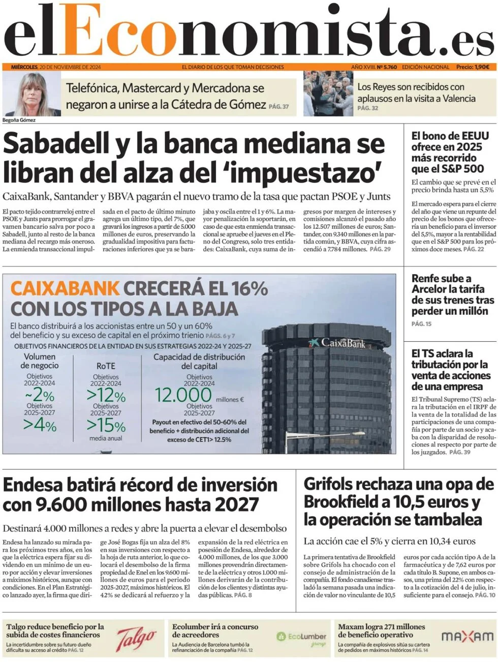 anteprima della prima pagina di el-economista del 20/11/2024