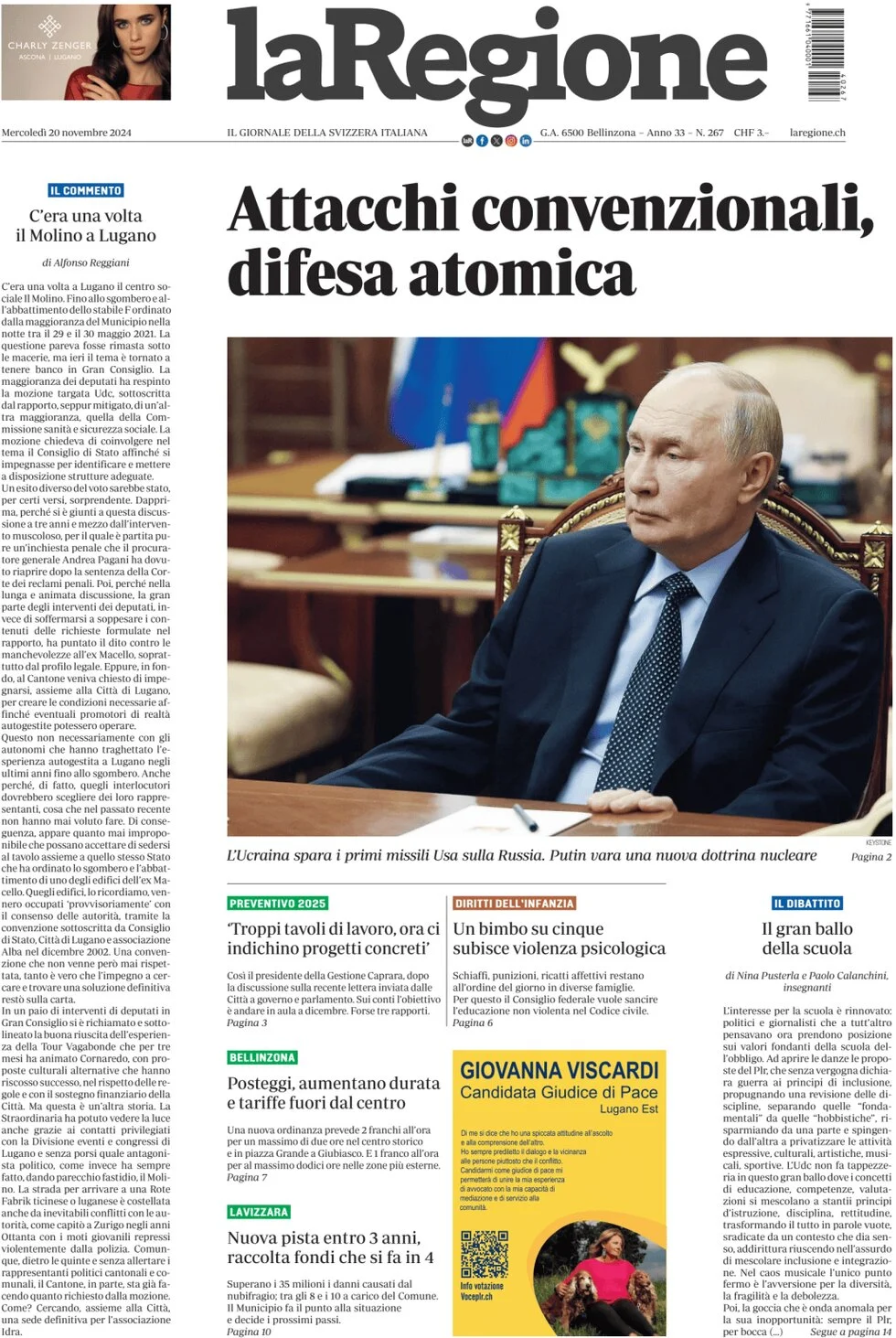 anteprima della prima pagina di la-regione del 20/11/2024