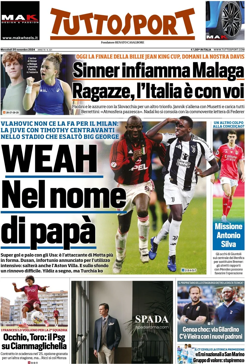 anteprima della prima pagina di tuttosport del 20/11/2024