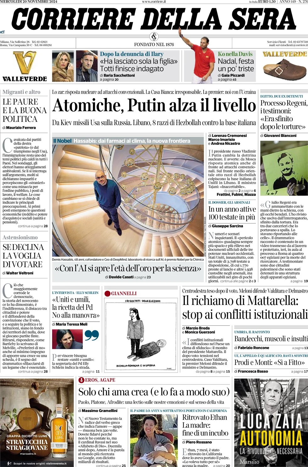 anteprima della prima pagina di corriere-della-sera del 20/11/2024