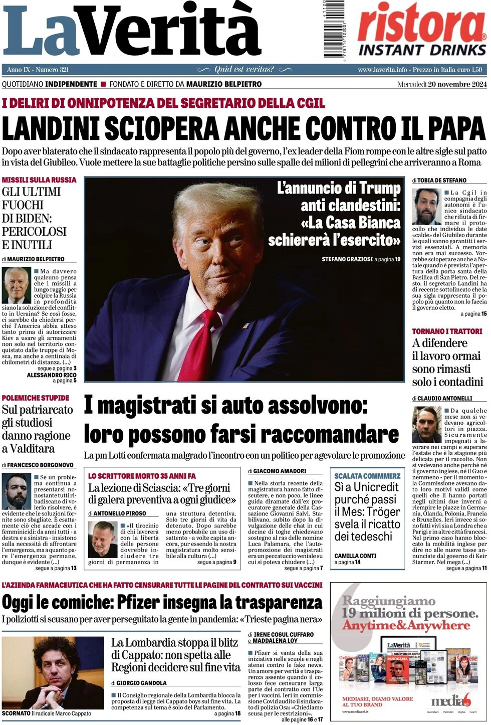 anteprima della prima pagina di la-verit del 20/11/2024