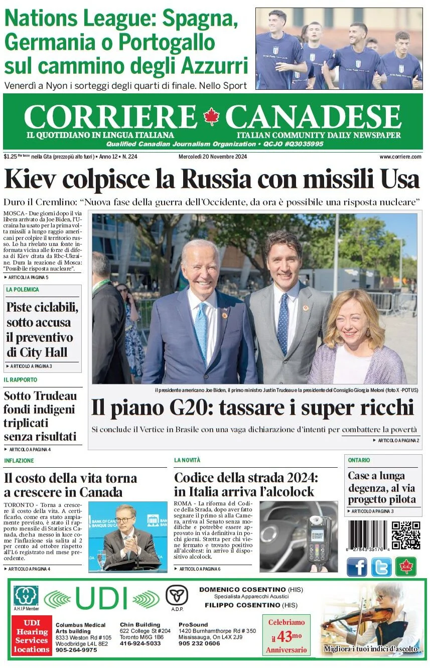 anteprima della prima pagina di corriere-canadese del 20/11/2024