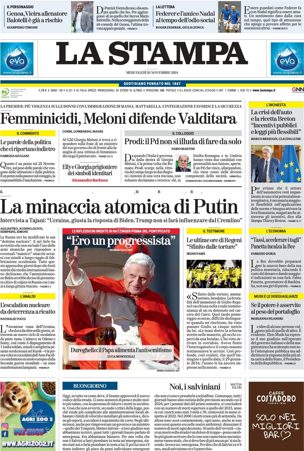 anteprima della prima pagina di la-stampa del 20/11/2024
