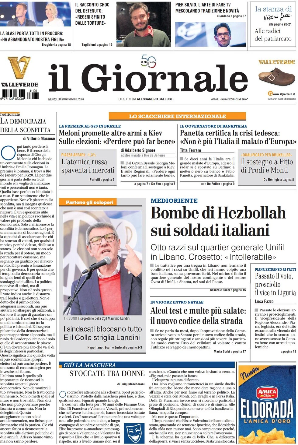 anteprima della prima pagina di il-giornale del 20/11/2024