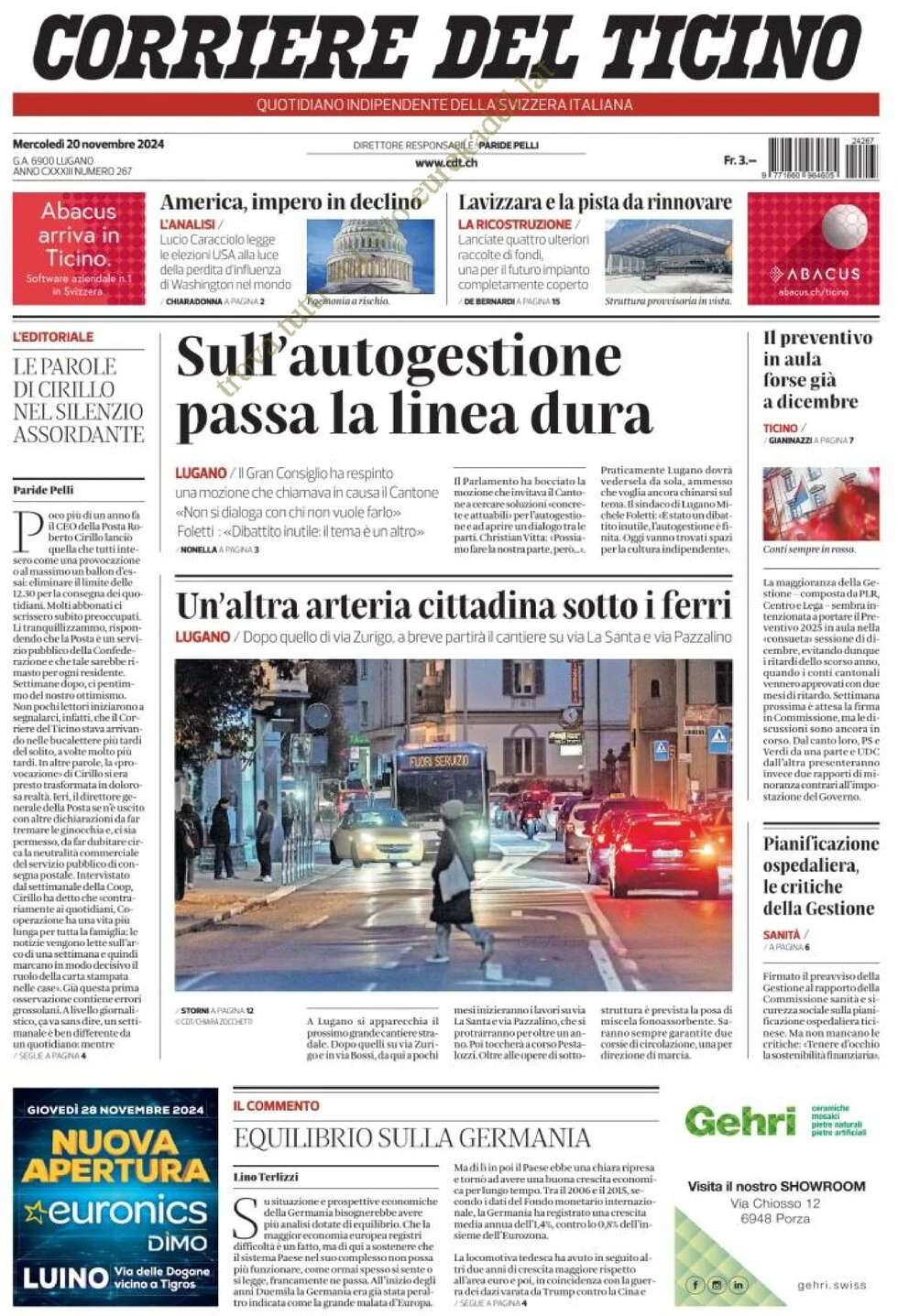 anteprima della prima pagina di corriere-del-ticino del 20/11/2024