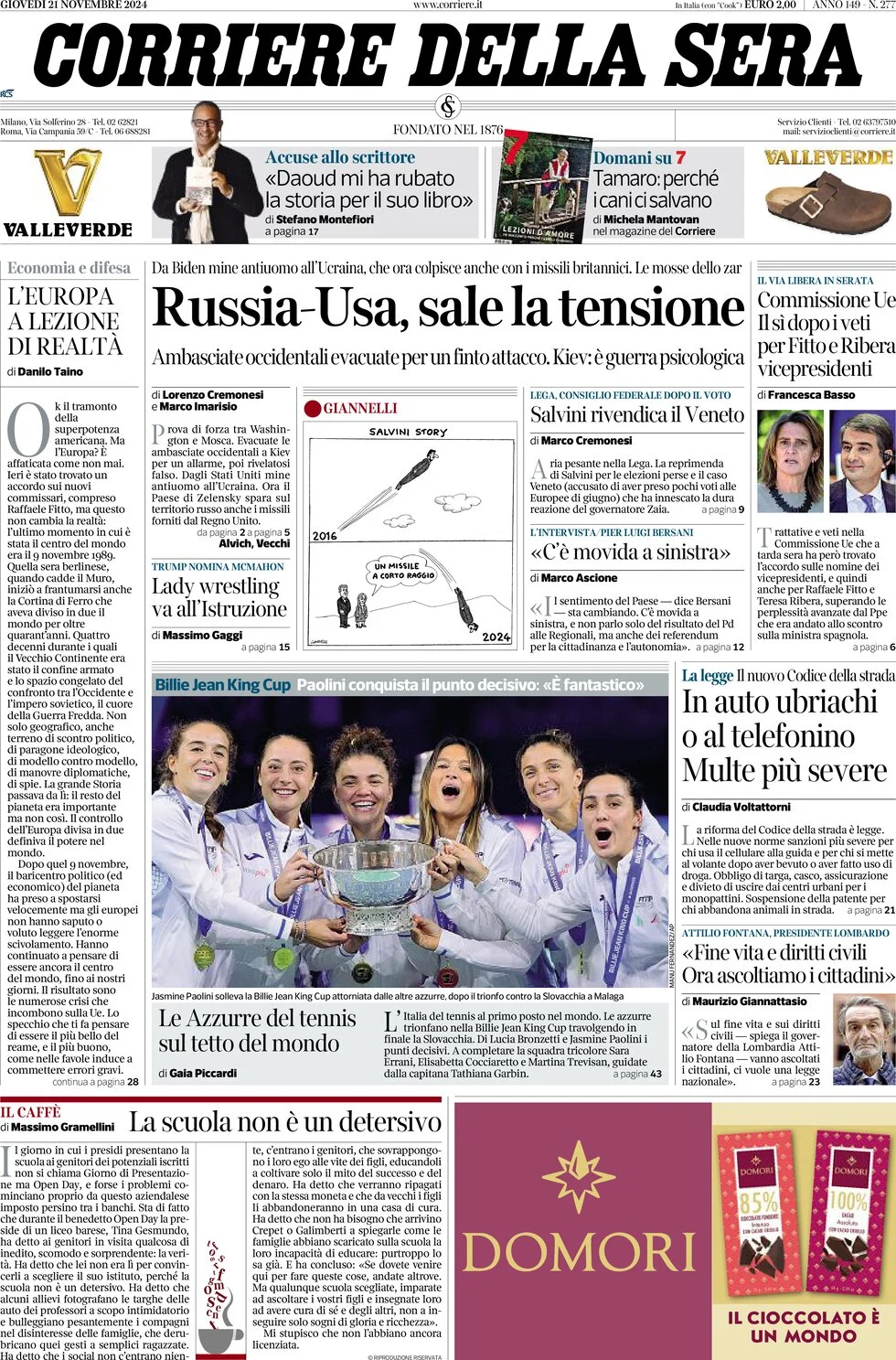 anteprima della prima pagina di corriere-della-sera del 21/11/2024