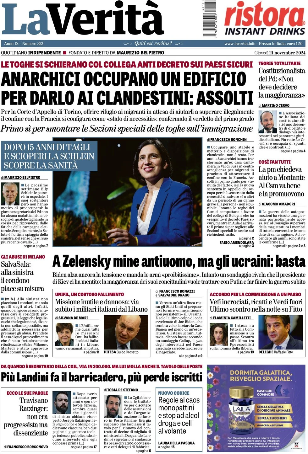 anteprima della prima pagina di la-verit del 21/11/2024
