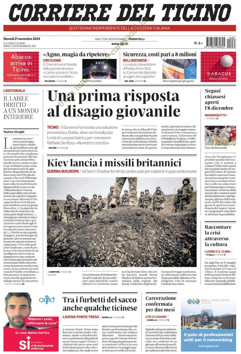 anteprima della prima pagina di corriere-del-ticino del 21/11/2024