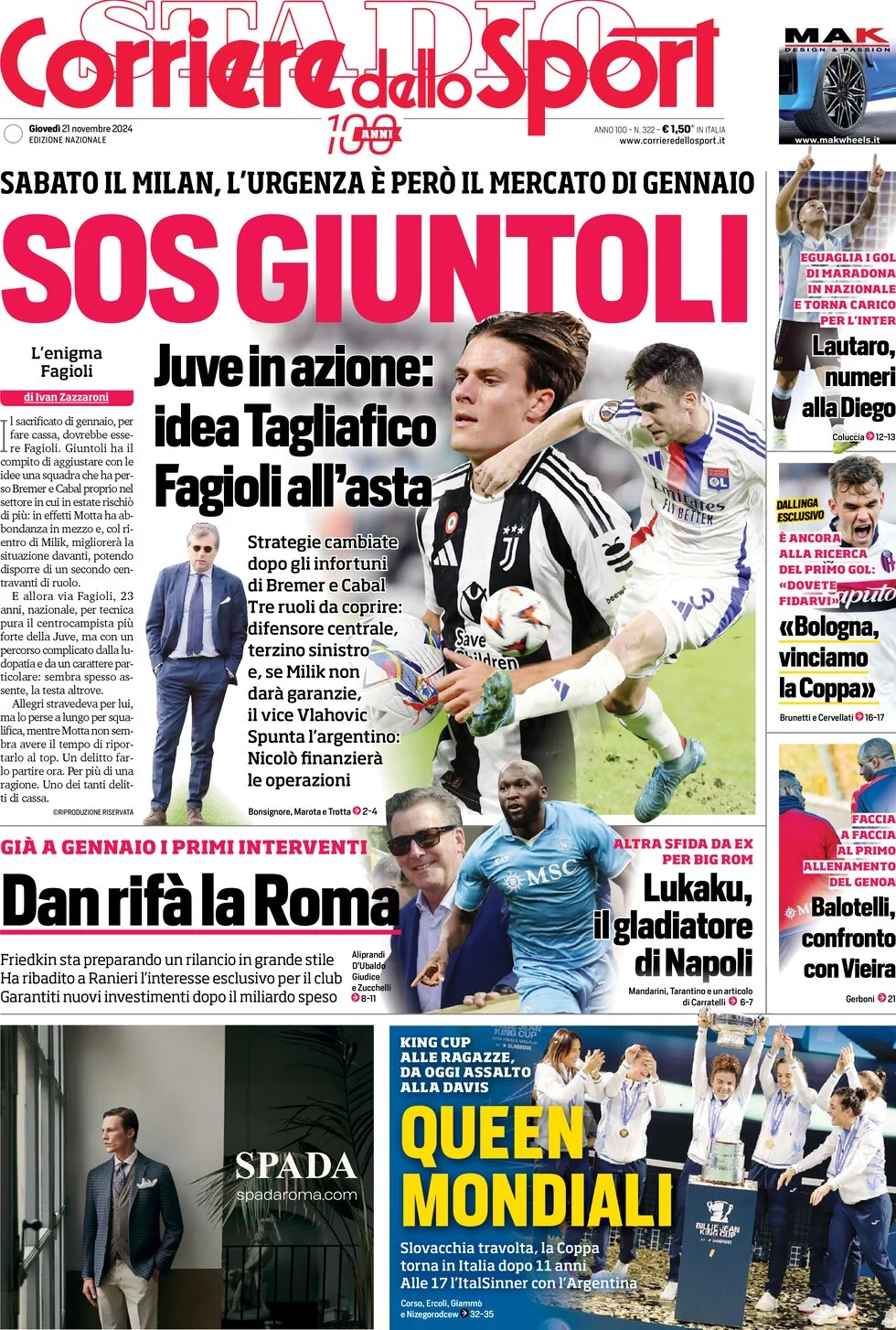 anteprima della prima pagina di corriere-dello-sport del 21/11/2024