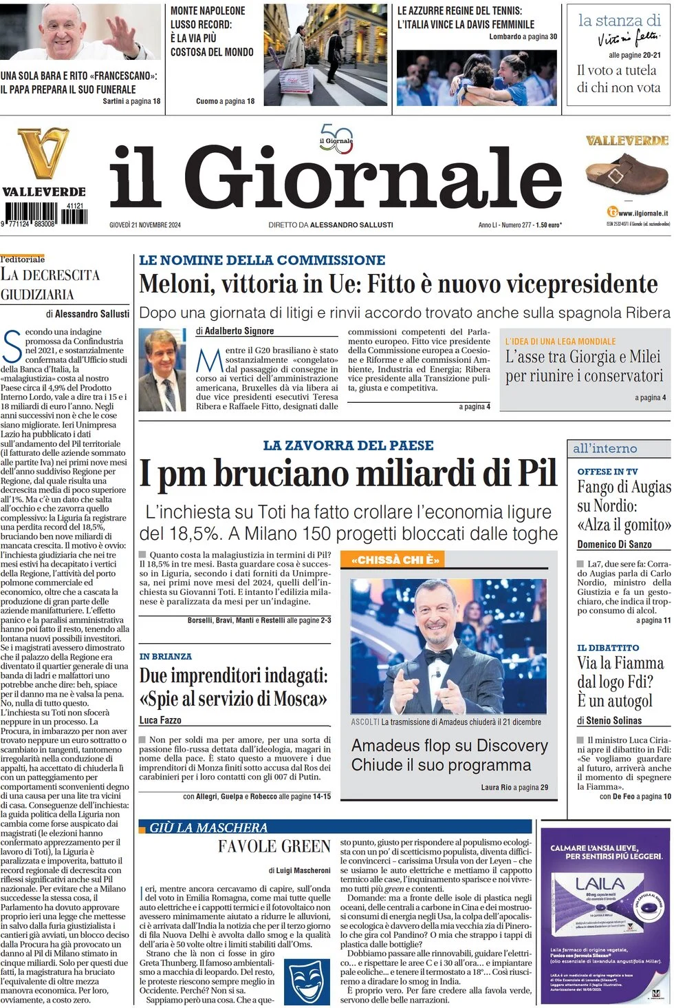 anteprima della prima pagina di il-giornale del 21/11/2024