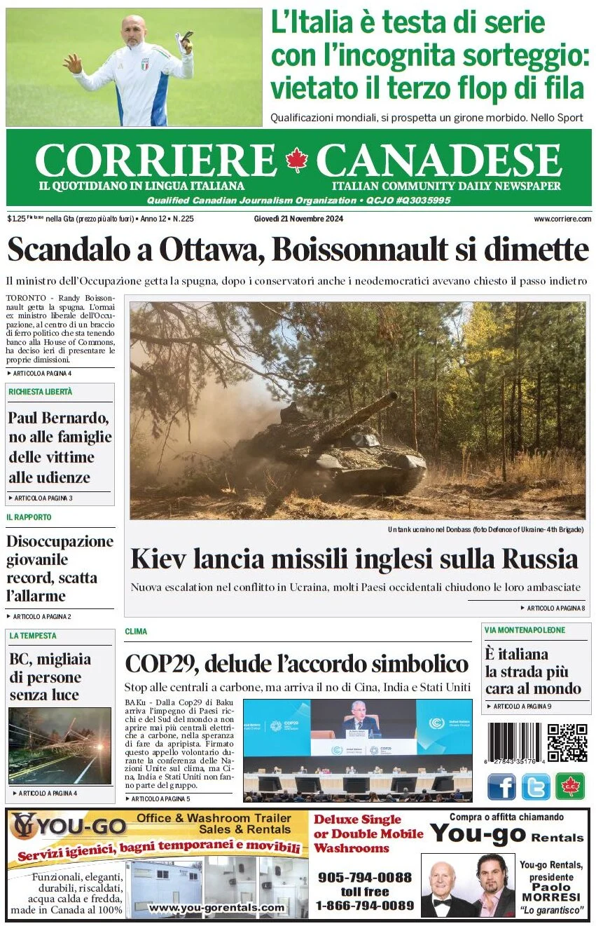 anteprima della prima pagina di corriere-canadese del 21/11/2024
