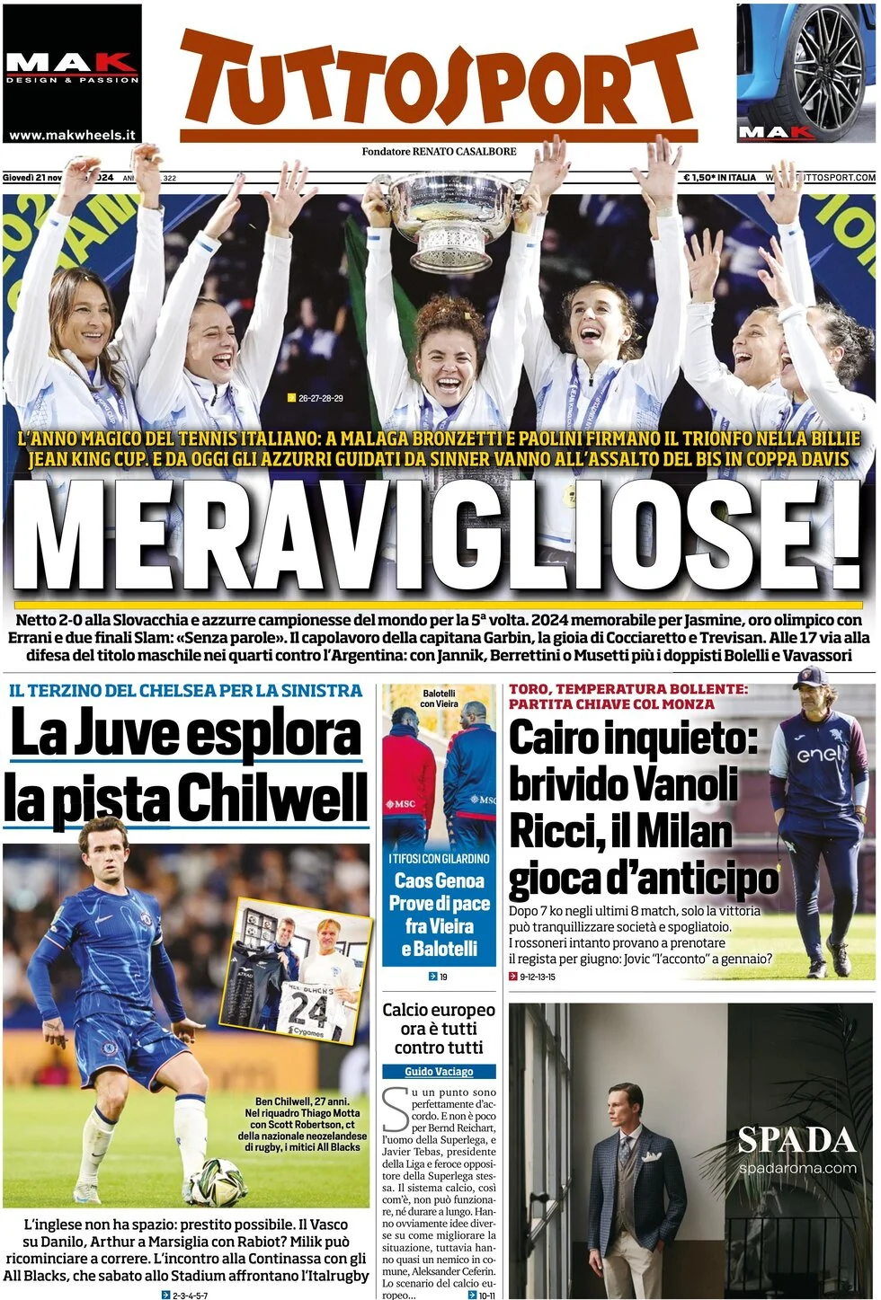 anteprima della prima pagina di tuttosport del 21/11/2024