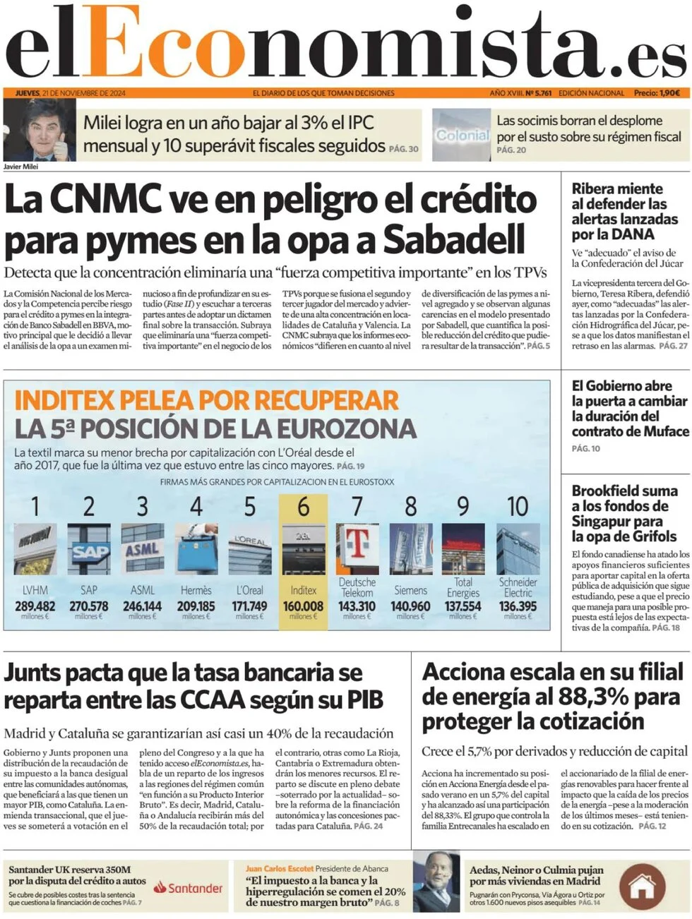 anteprima della prima pagina di el-economista del 21/11/2024