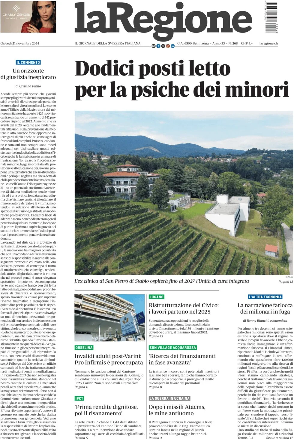 anteprima della prima pagina di la-regione del 21/11/2024