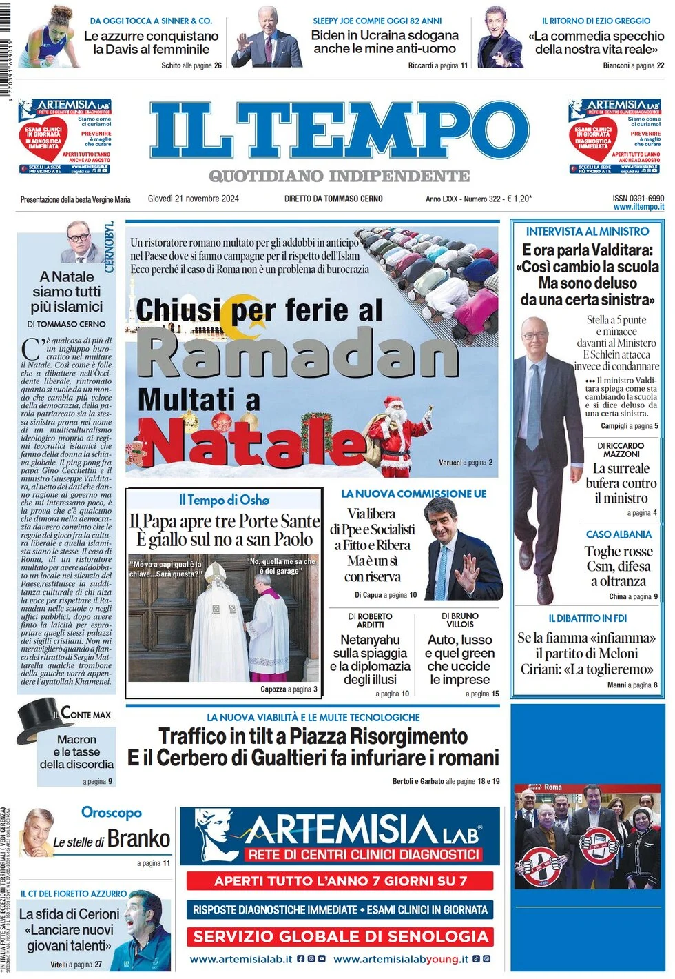anteprima della prima pagina di il-tempo del 21/11/2024