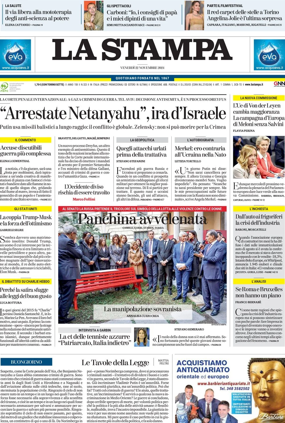 anteprima della prima pagina di la-stampa del 22/11/2024