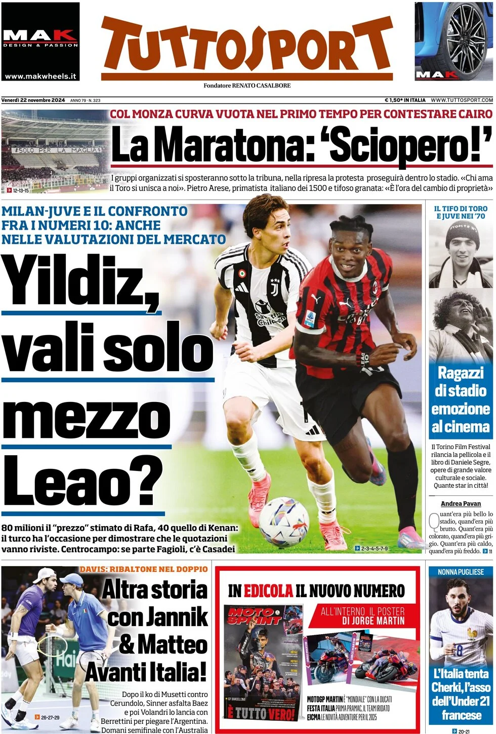 anteprima della prima pagina di tuttosport del 22/11/2024
