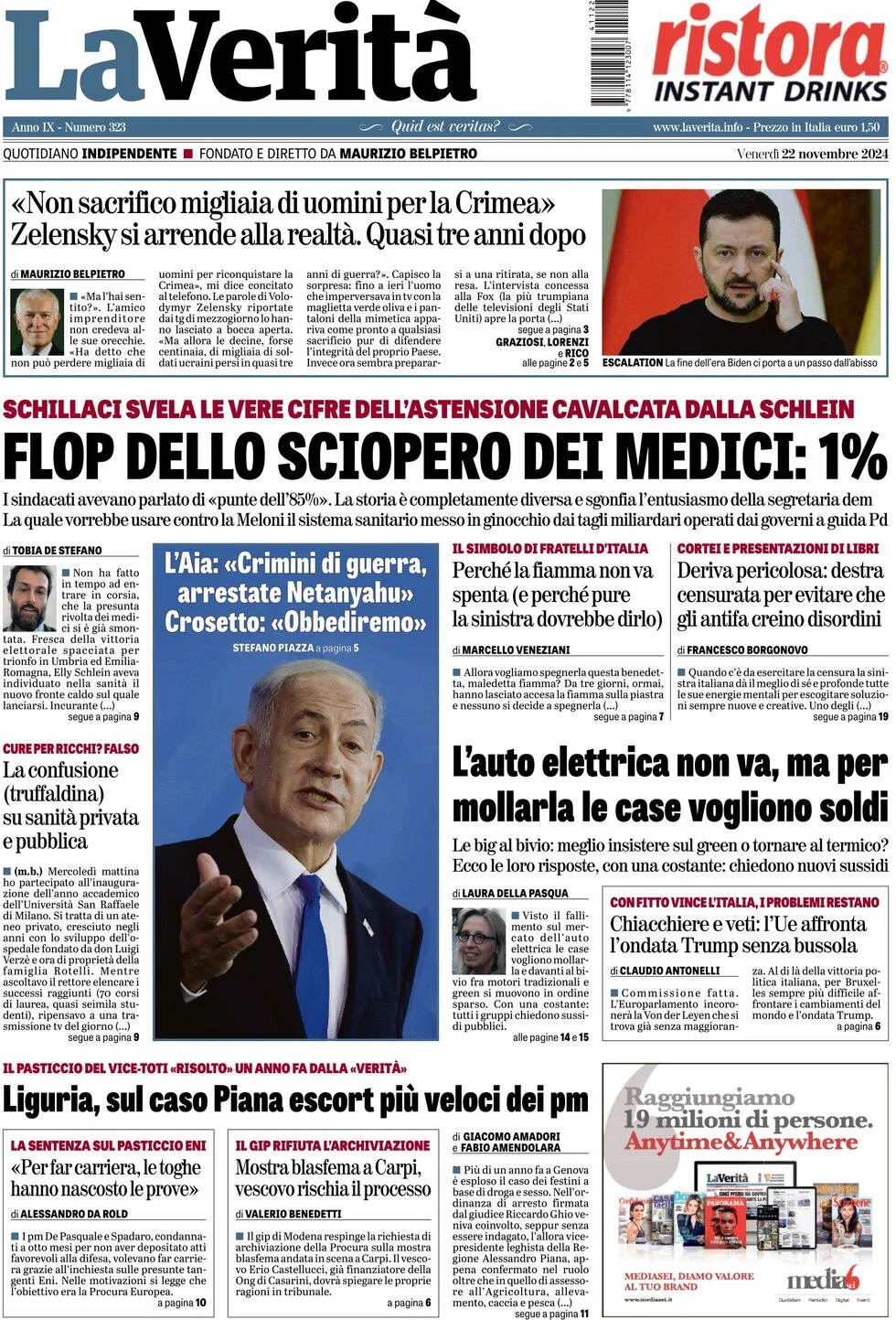 anteprima della prima pagina di la-verit del 22/11/2024
