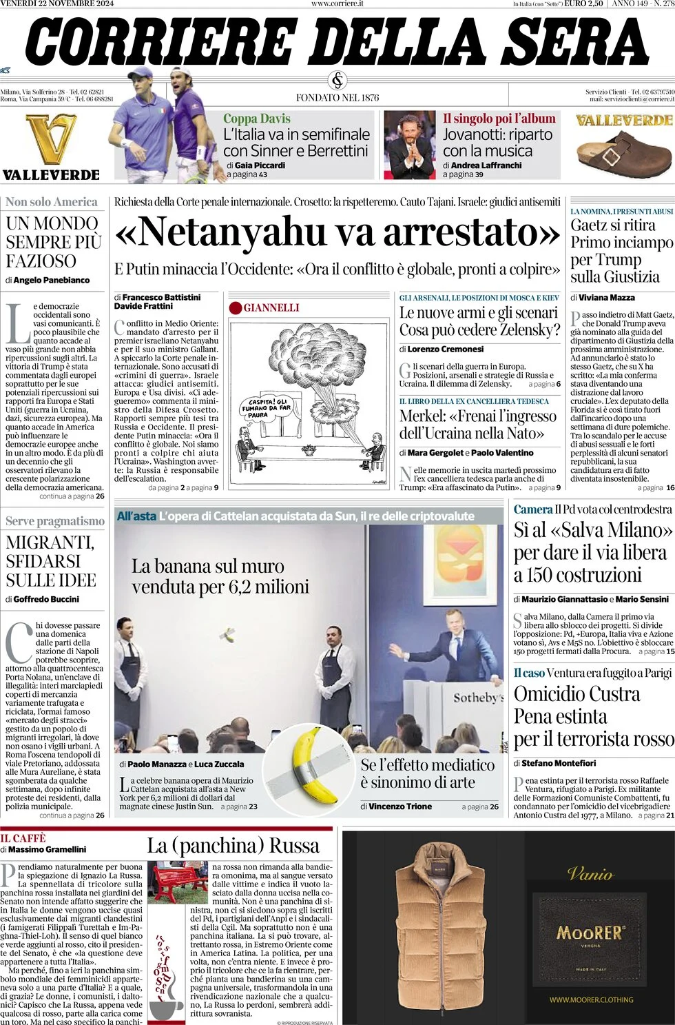 anteprima della prima pagina di corriere-della-sera del 22/11/2024