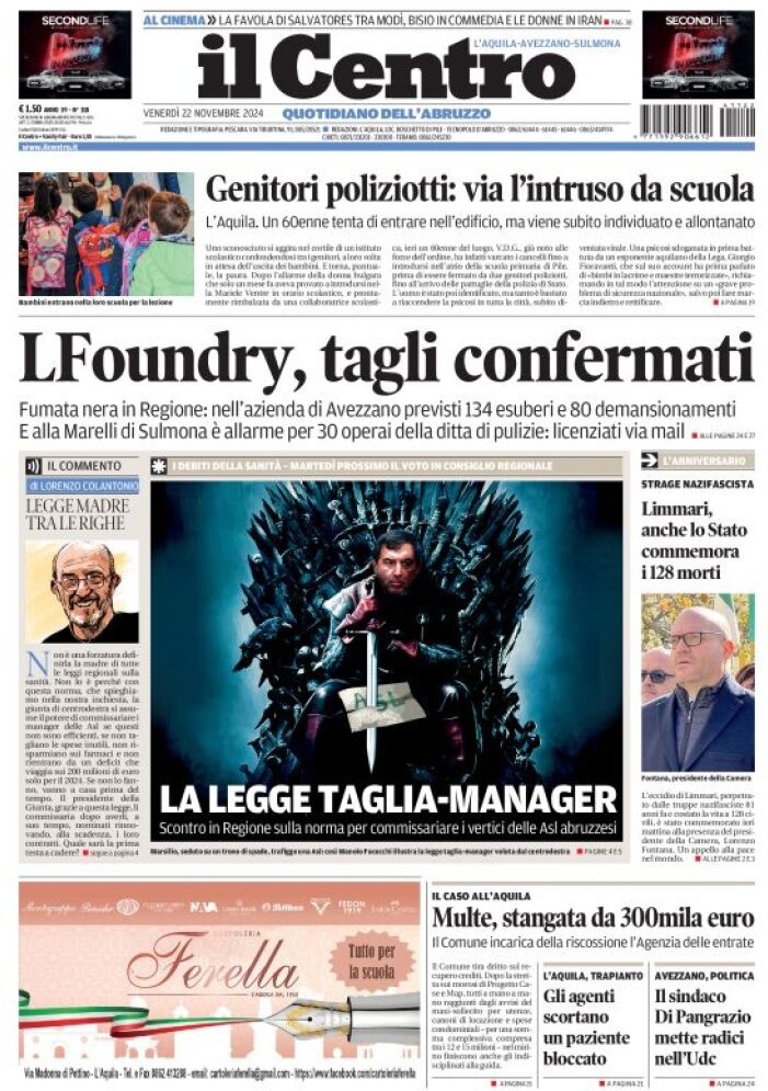 anteprima della prima pagina di il-centro-laquila del 22/11/2024