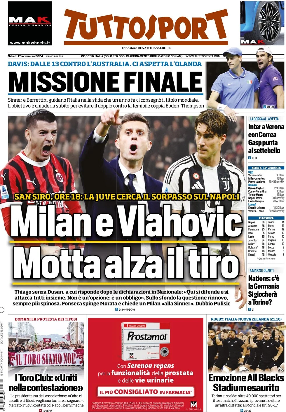 anteprima della prima pagina di tuttosport del 23/11/2024