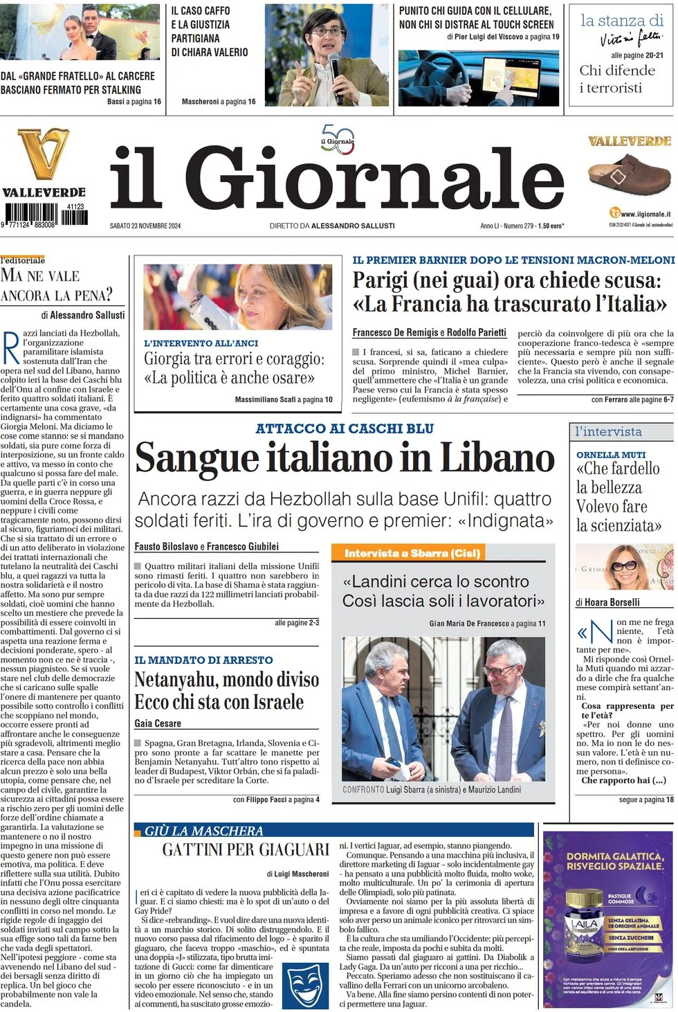 anteprima della prima pagina di il-giornale del 23/11/2024
