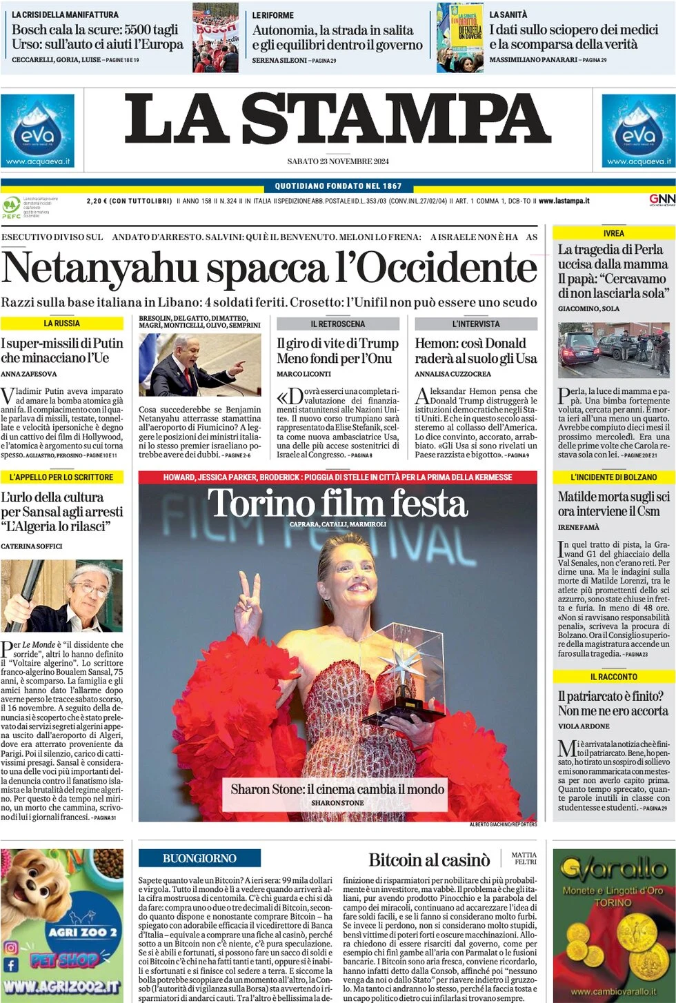 anteprima della prima pagina di la-stampa del 23/11/2024